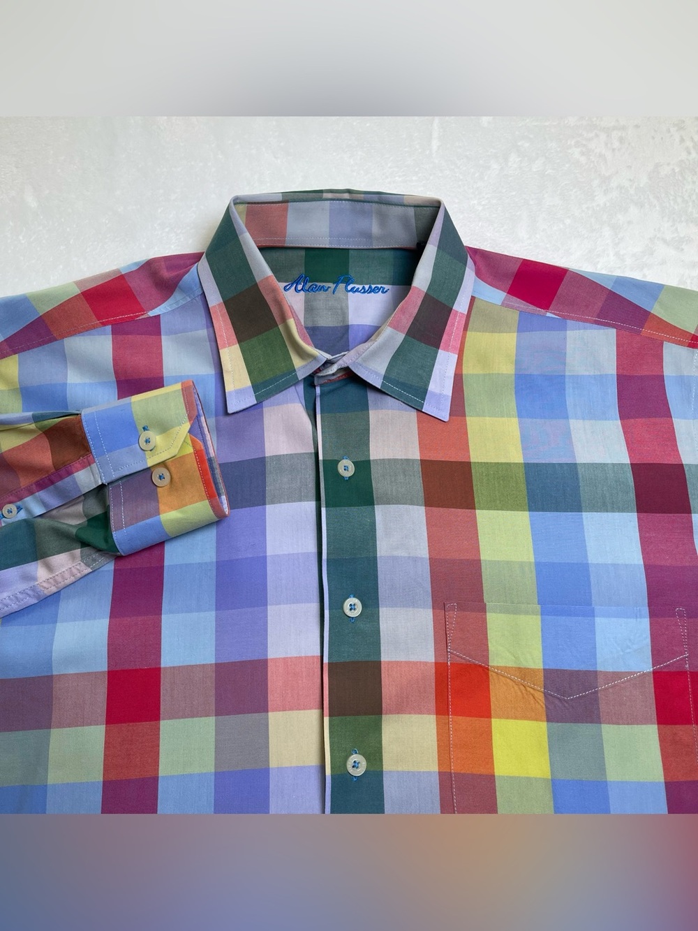 Alan Flusser Mens Medium Rainbow Plaid Long Sleeve Button Down Shirt 100% Cotton